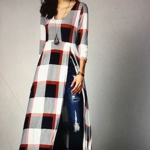 Lady check casual loose tunic dress T-shirt maxi